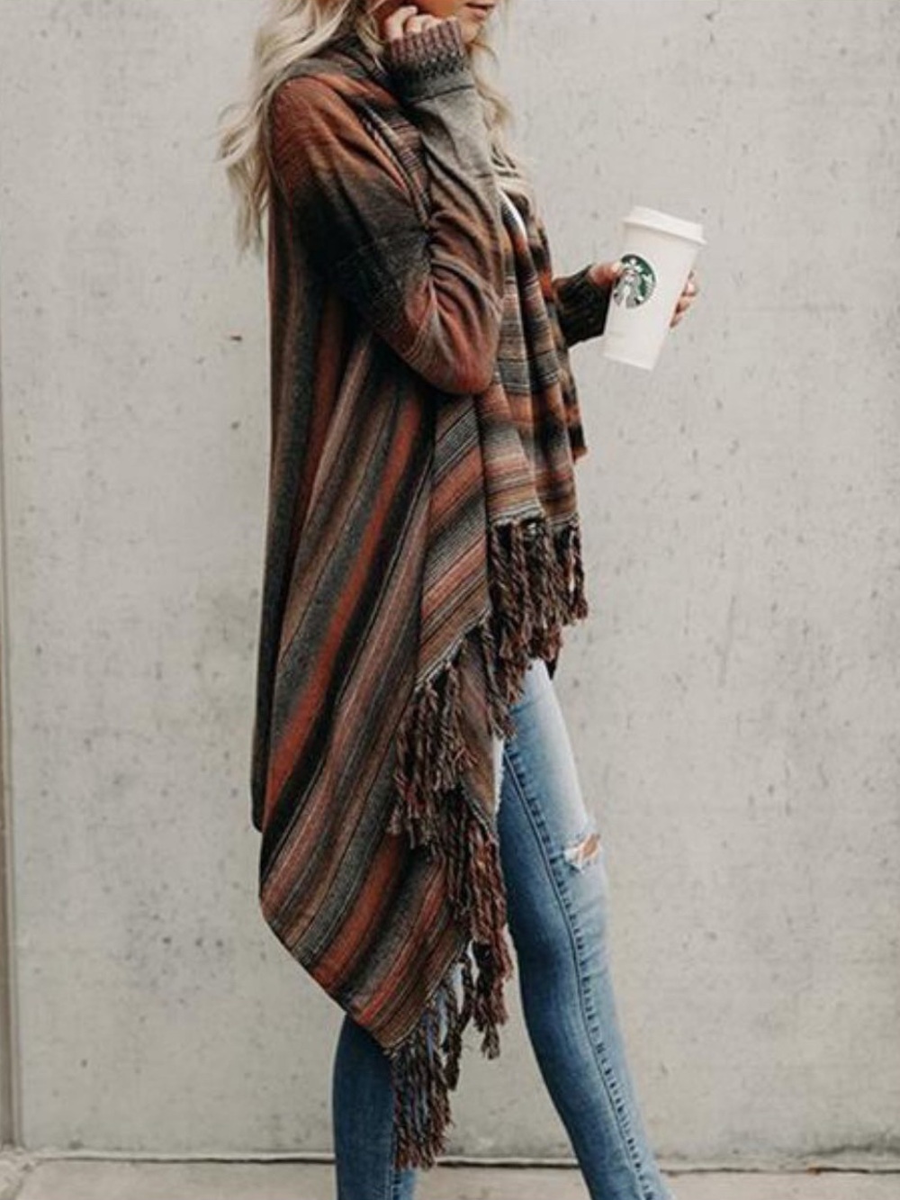 Fringed Striped Open-Front Poncho Sweater - Brown